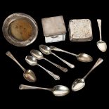 A group of silver items to include engraved silver cigarette case, 8 various silver teaspoons, 6.