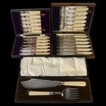 A cased set of fish cutlery for 6 people, a cased set of silver plated dessert cutlery for 6 people,