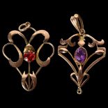 2 delicate 9ct gold stone set pendants, each approximately 36mm overall length