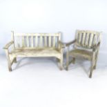 A weathered teak garden bench 128x79x54cm and a similar single chair.