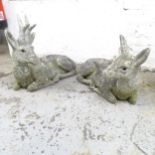 A weathered concrete stag, length 50cm, and a doe (2)