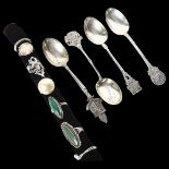 A group of 6 silver dress rings, 3 stone set, and 4 silver collector's spoons