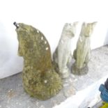 A weathered concrete garden water feature in the form of a fish. Height 59cm and a pair of