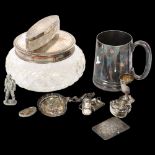 A large cut-glass and silver-lidded powder bowl, a silver envelope stamp case etc