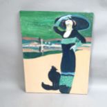 Clive Fredriksson, a 1930s style lady with a cat, 69cm x 55cm overall, unframed