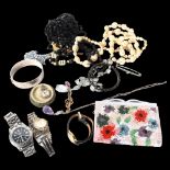 A collection of mixed costume jewellery, to include an engraved silver bangle, a silver and stone