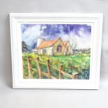 Martin Bradshaw, watercolour, Sussex church, 60cm x 70cm overall, framed