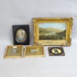 A group of pictures, to include an oil on board, landscape, in gilt-gesso frame, a framed