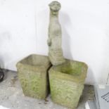 A pair of weathered concrete garden planters with foliate decoration, 29x35cm, and a concrete