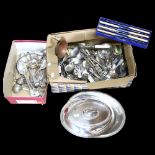 A large quantity of mixed plated cutlery, an oval tureen and cover (boxful)