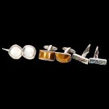 A pair of tigers eye set cufflinks, a pair of mother-of-pearl set cufflinks, and a pair of abalone