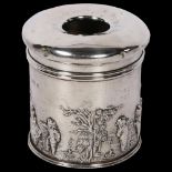 An Edward VII silver hair tidy box and cover, with embossed landscape scene, hallmarks for