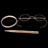 An engraved bracelet, 9ct and metal core, gilt-metal spectacles, and a gilt-metal Mabel Todd &