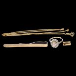 A group of gold jewellery, to include a 9ct gold on silver tie pin, 4.9g, a 9ct gold and stone set