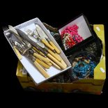 A large box of mixed modern costume jewellery, and fish service with ivorine handles for 6 people