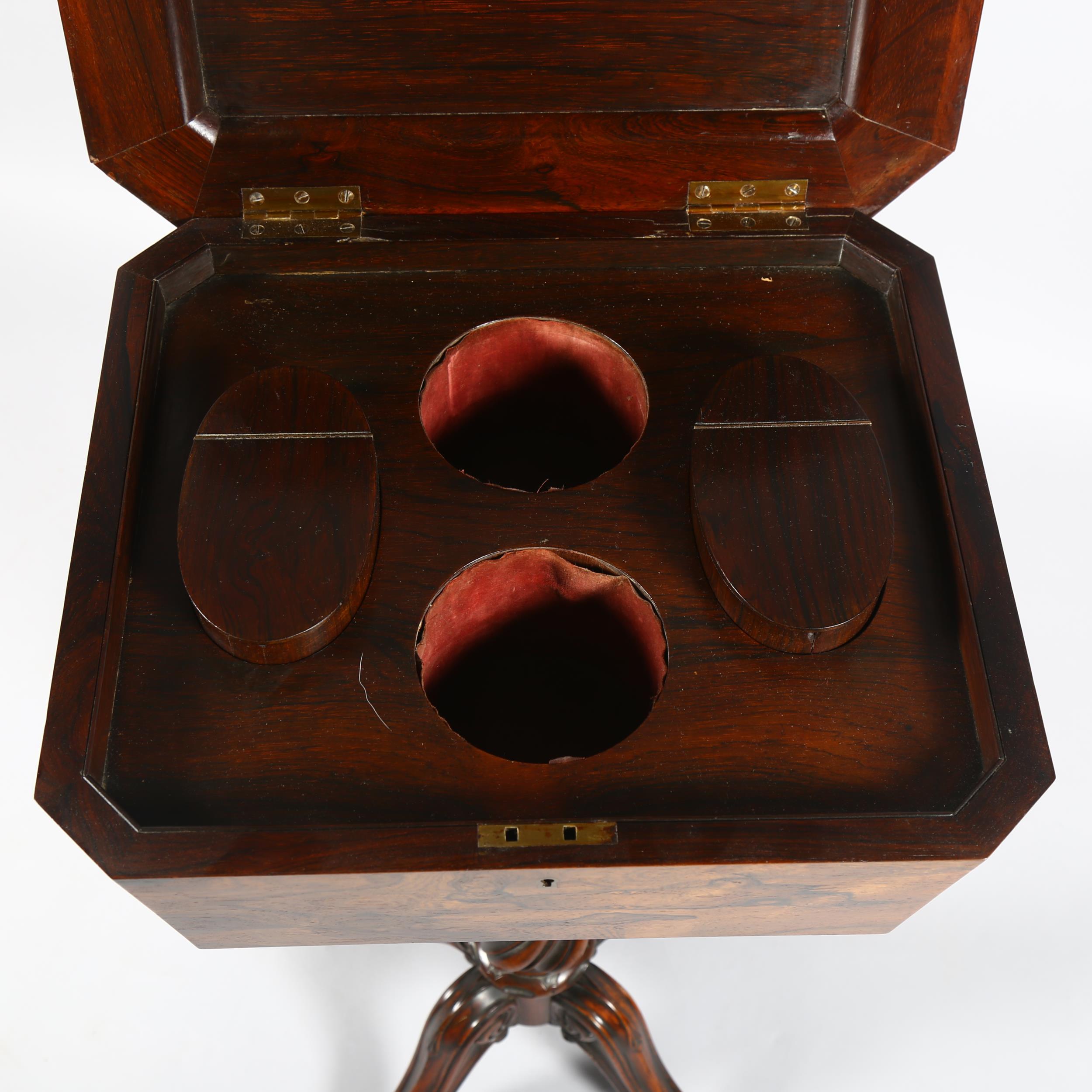 A Regency rosewood teapoy, square canted form with hinged cover opening to reveal fitted interior - Image 8 of 10