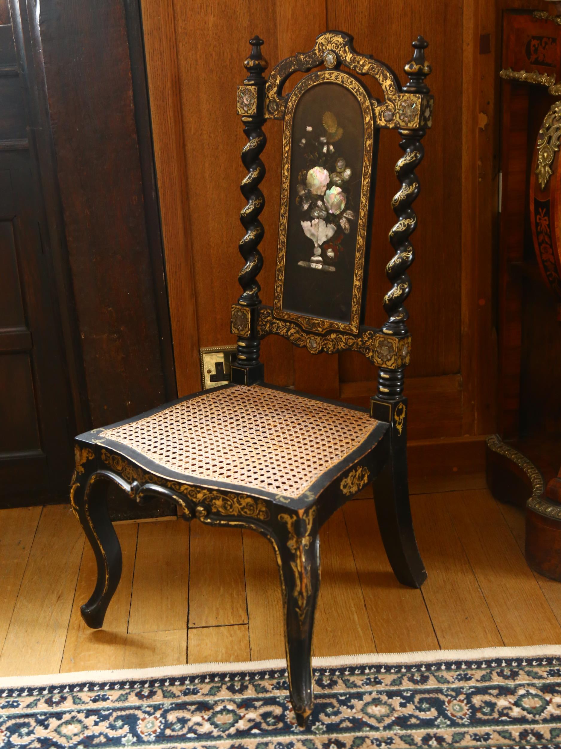 A Victorian papier mache ebonised and mother-of-pearl inlaid slipper side chair, with hand painted