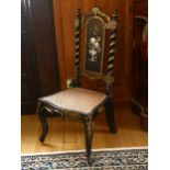 A Victorian papier mache ebonised and mother-of-pearl inlaid slipper side chair, with hand painted