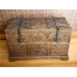 18th century Continental oak chest, heavy iron strapwork hinges and hasps to the lid, allover chip