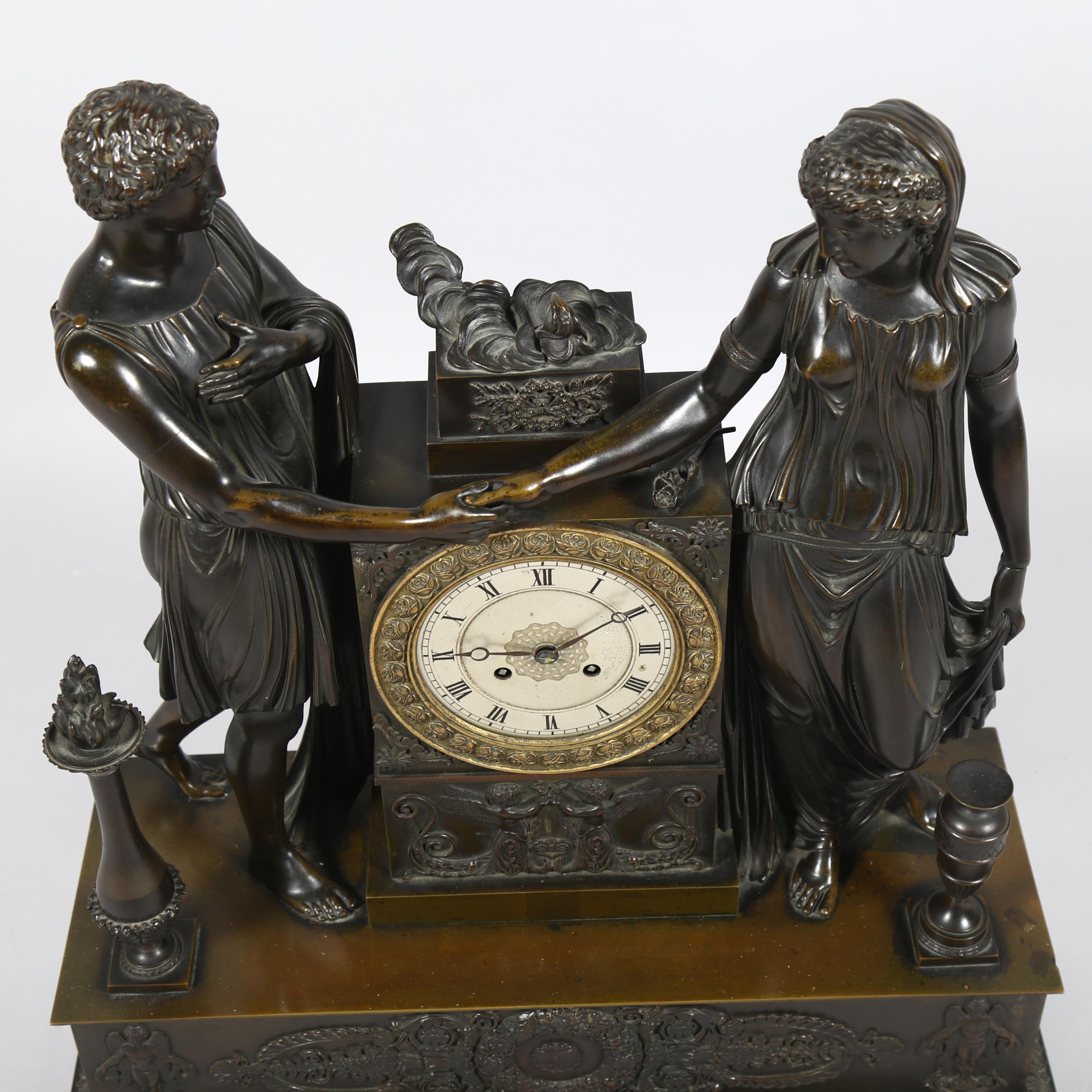 A 19th century French patinated bronze-cased 8-day mantel clock, surmounted by Classical temple - Image 3 of 6