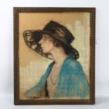 A pastel mid 20th century portrait of young woman in a black hat, indistinctly signed, 55 x 45cm,