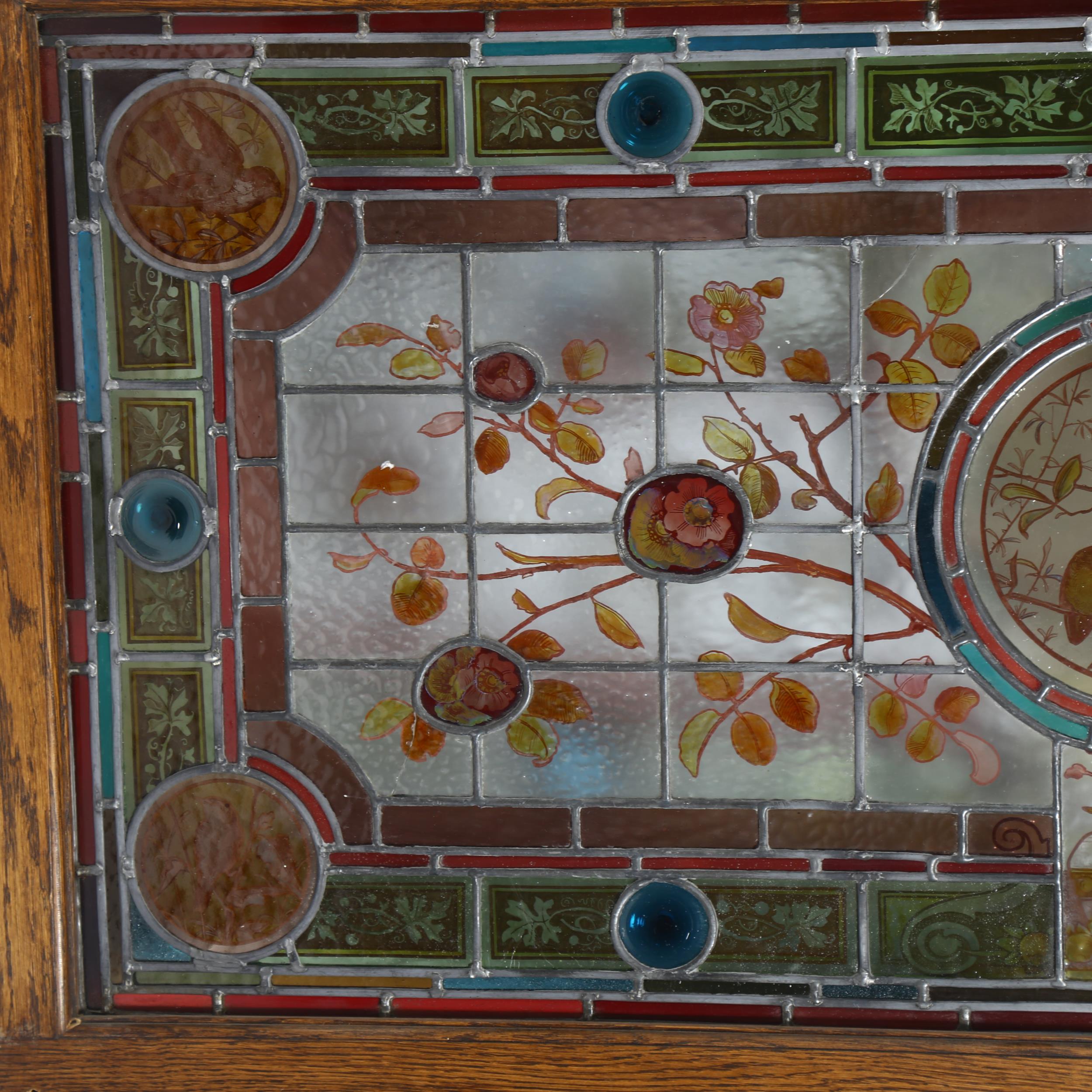 Pair of Victorian Aesthetic Movement stained glass leadlight window panels, with hand painted garden - Image 5 of 5