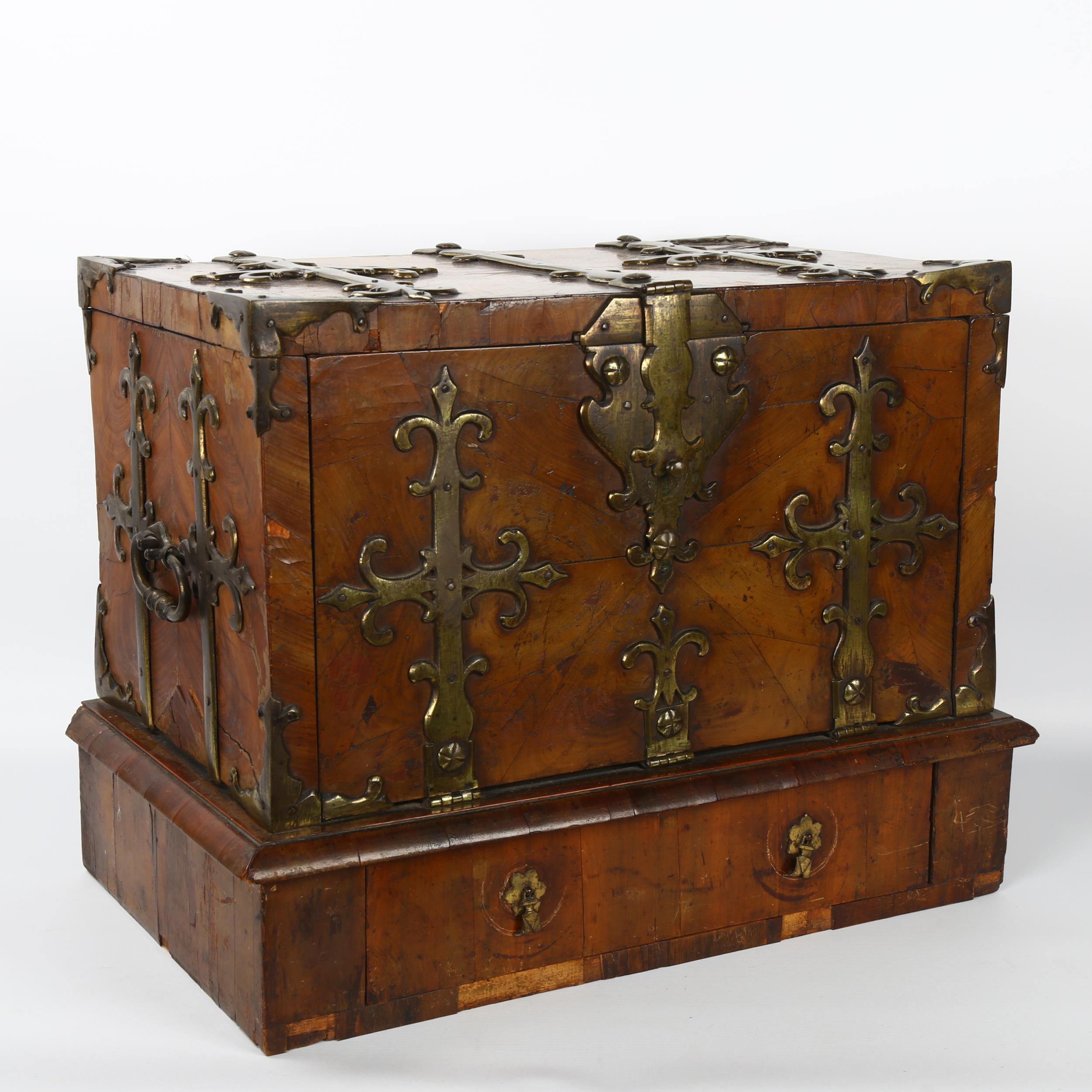 A small 18th century Gothic brass-bound walnut travelling chest, allover heavy brass strapwork - Image 2 of 6