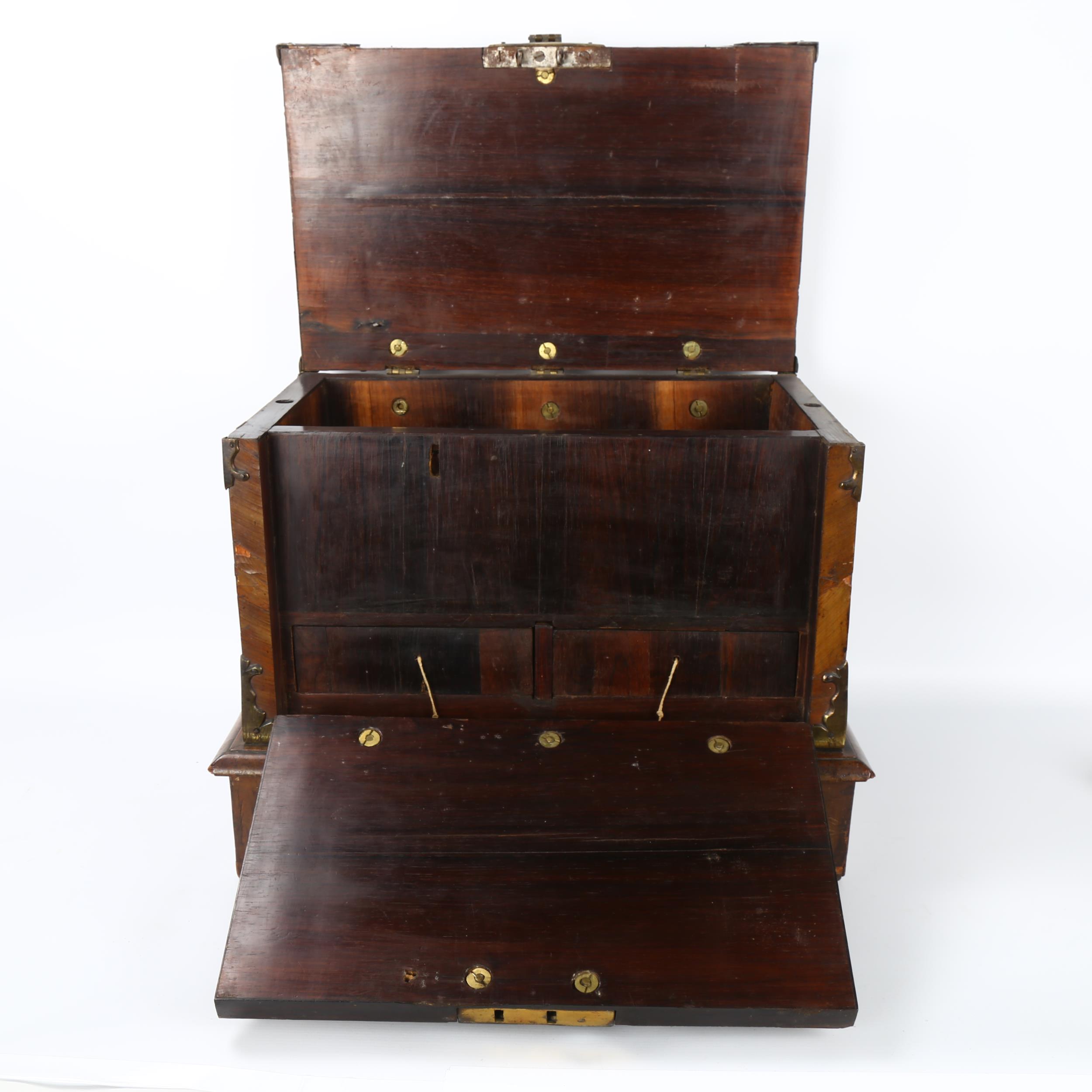 A small 18th century Gothic brass-bound walnut travelling chest, allover heavy brass strapwork - Image 4 of 6
