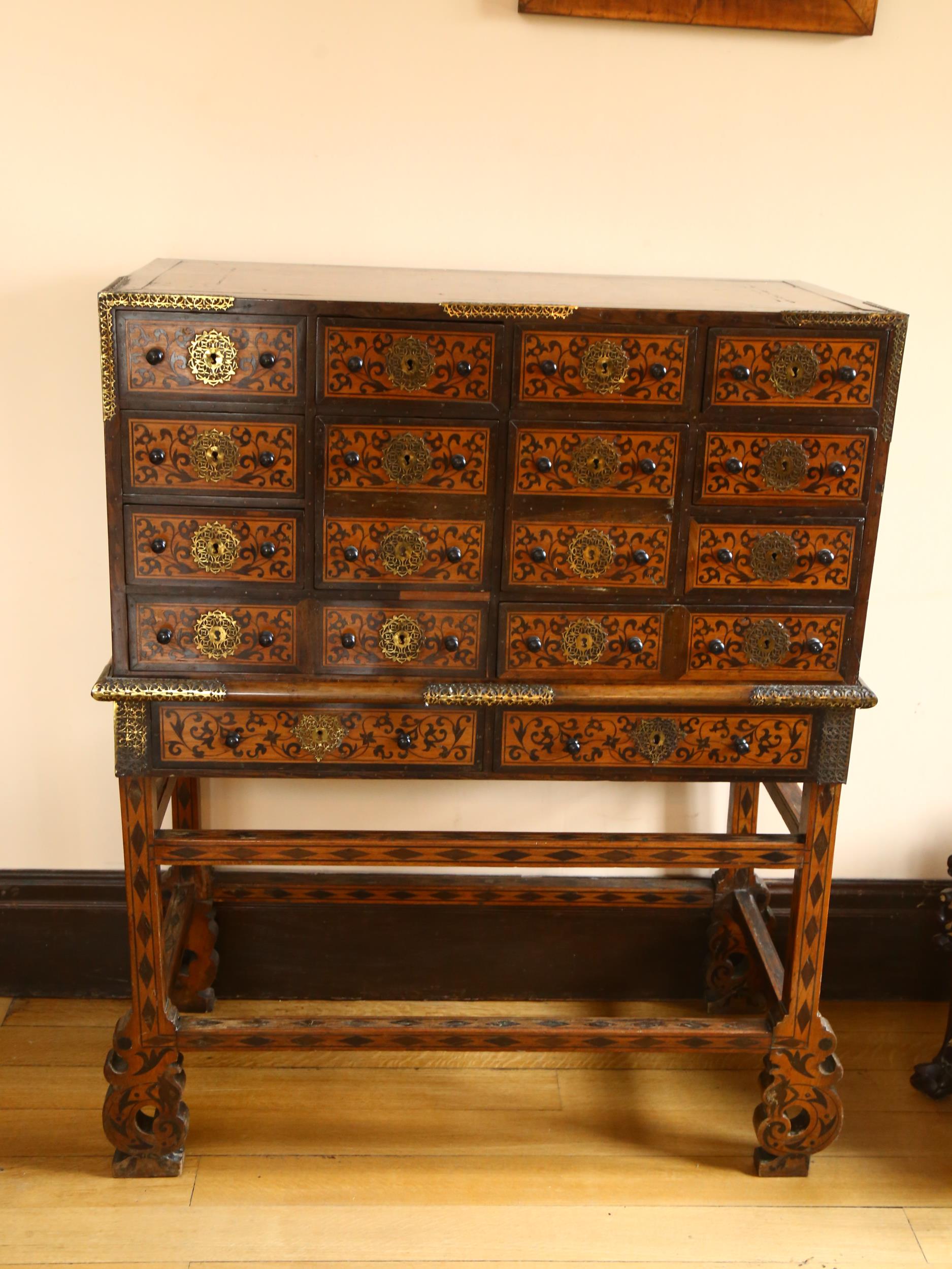 An Indo-Portuguese cabinet on stand (Contador), late 17th century, possibly Old Goa, brass-bound - Image 2 of 19