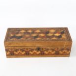 19th century Tunbridge Ware sewing box, cube parquetry decorated lid and floral micro-mosaic