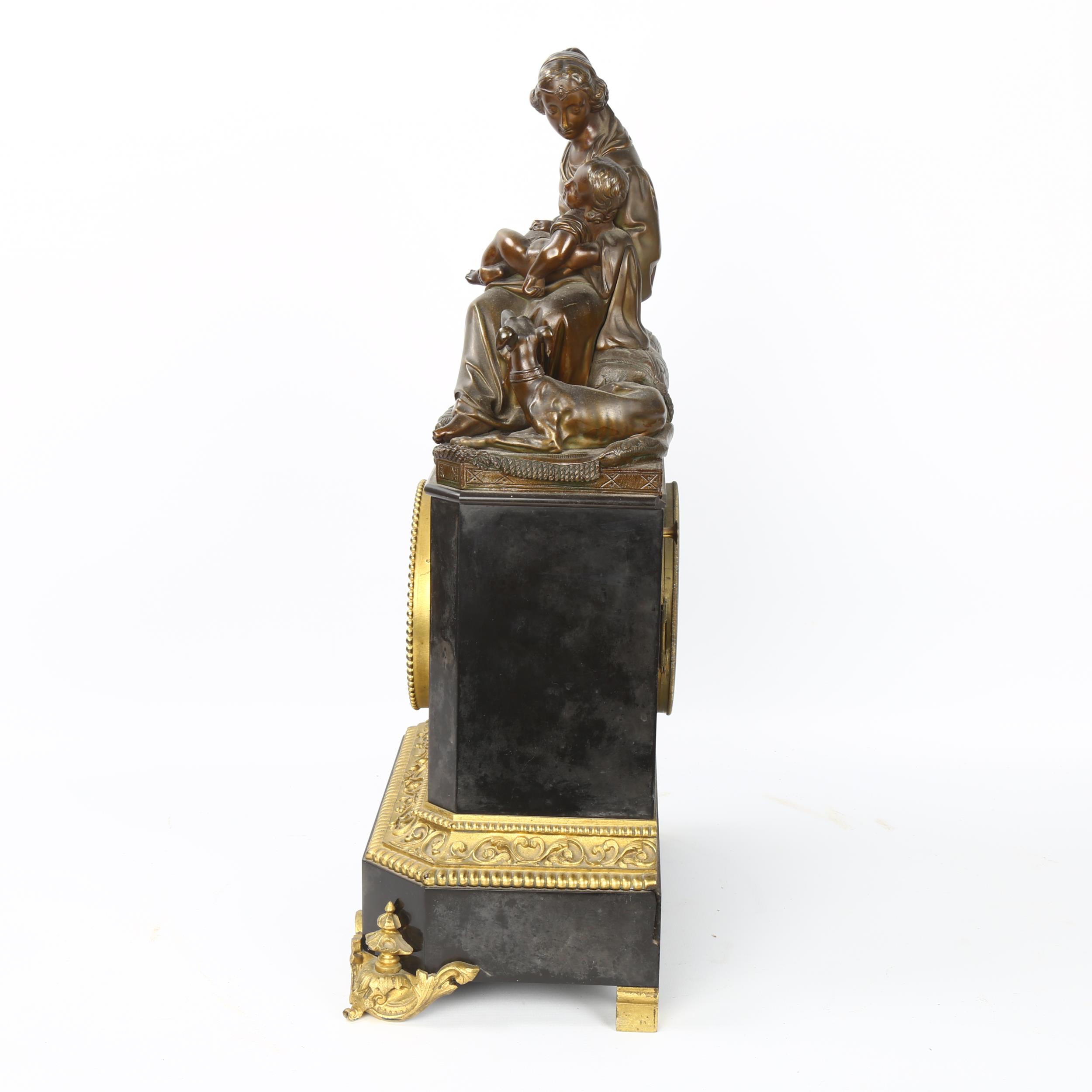 A 19th century ormolu mounted slate-cased mantel clock, surmounted by a gilt-bronze woman and child, - Image 4 of 5