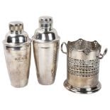 2 silver plated cocktail shakers, and a plated wine bottle holder (3)
