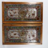 Pair of Victorian Aesthetic Movement stained glass leadlight window panels, with hand painted garden