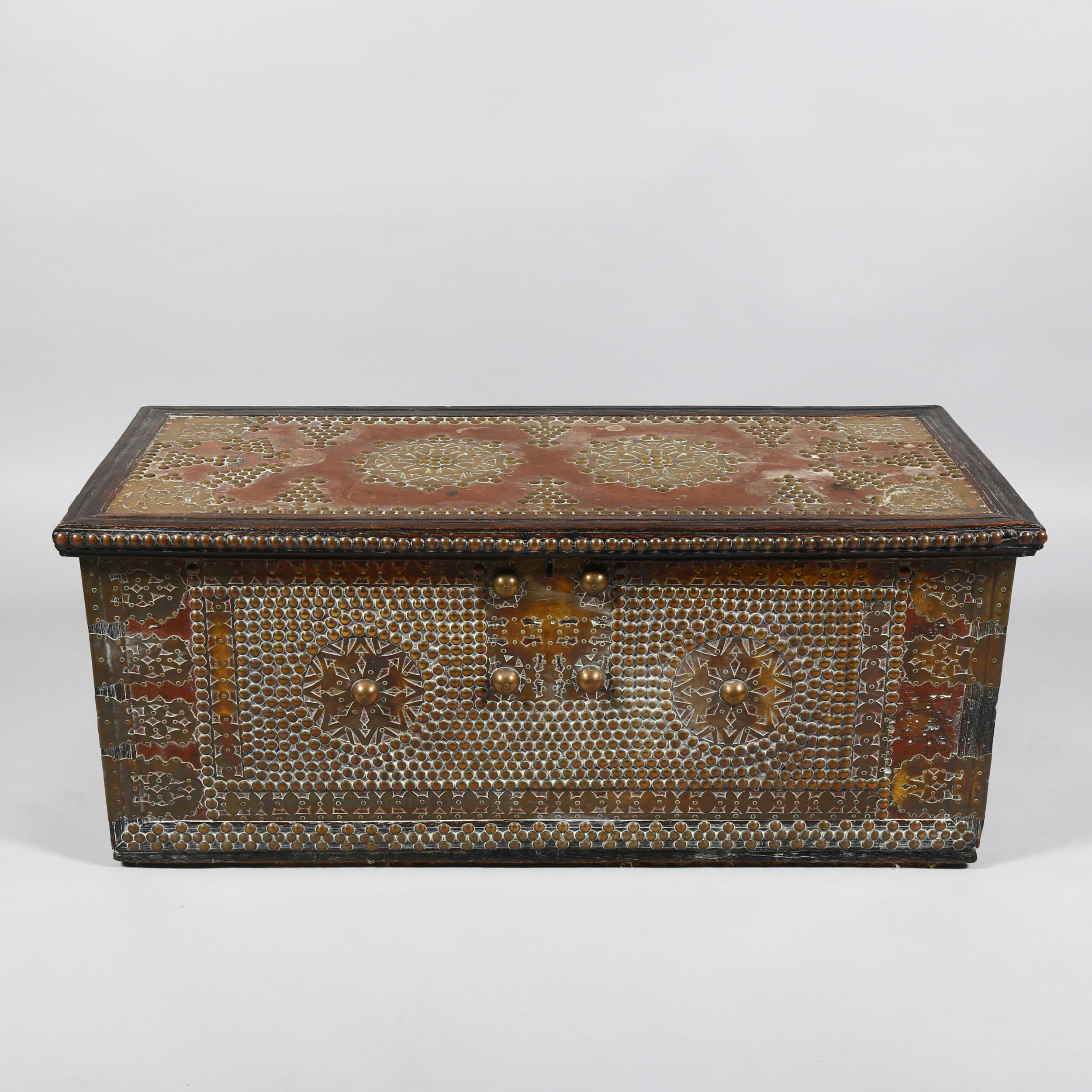 18th century Continental hardwood chest, with allover brass-studded decoration and applied pierced - Image 2 of 6