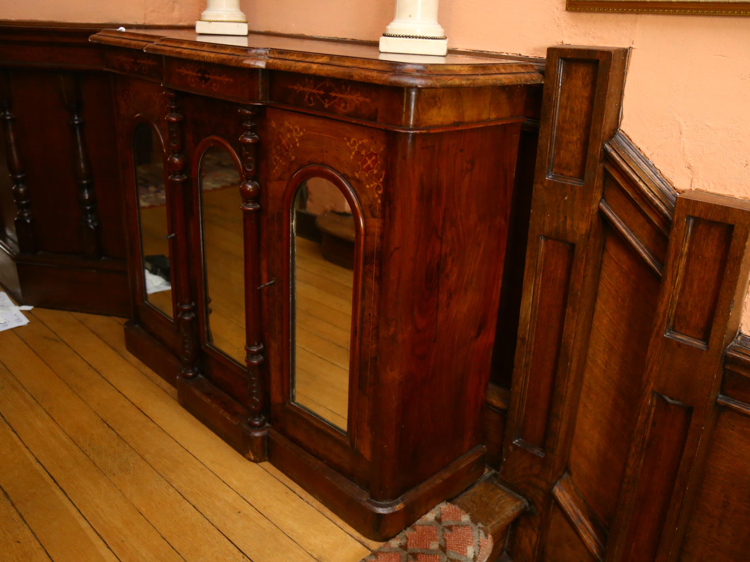 A Victorian burr-walnut break-front credenza, of small size, front having triple dome-top mirror - Image 3 of 9