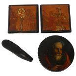 A Russian papier mache snuffbox with painted lid, diameter 9.5cm, a pair of Continental cigarette