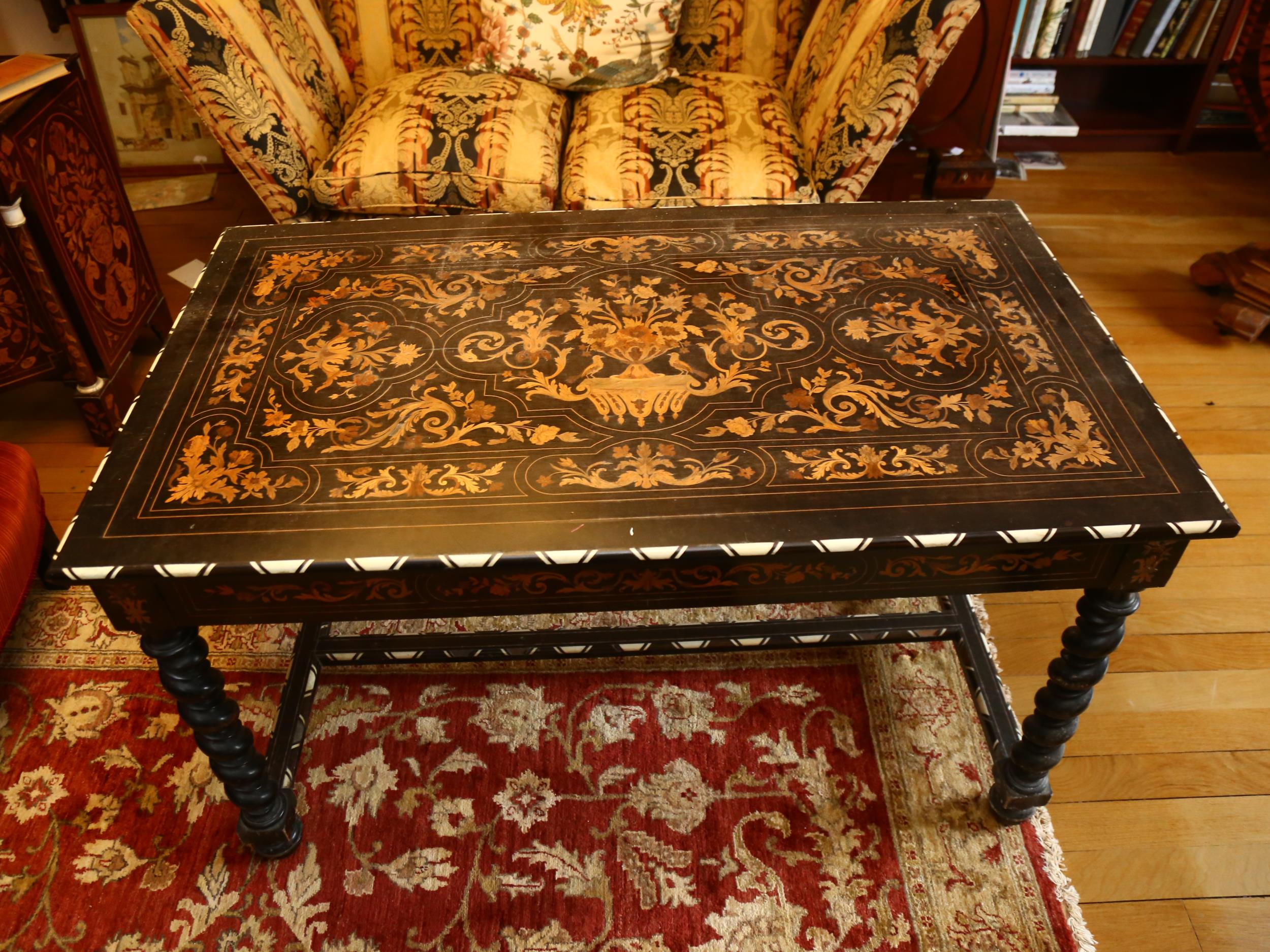 A 19th century Dutch marquetry centre table, rectangular form with bone inlaid edge, with - Image 7 of 10