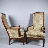 A pair of 19th century walnut framed armchairs with show-wood surrounds, width 60cm Good solid