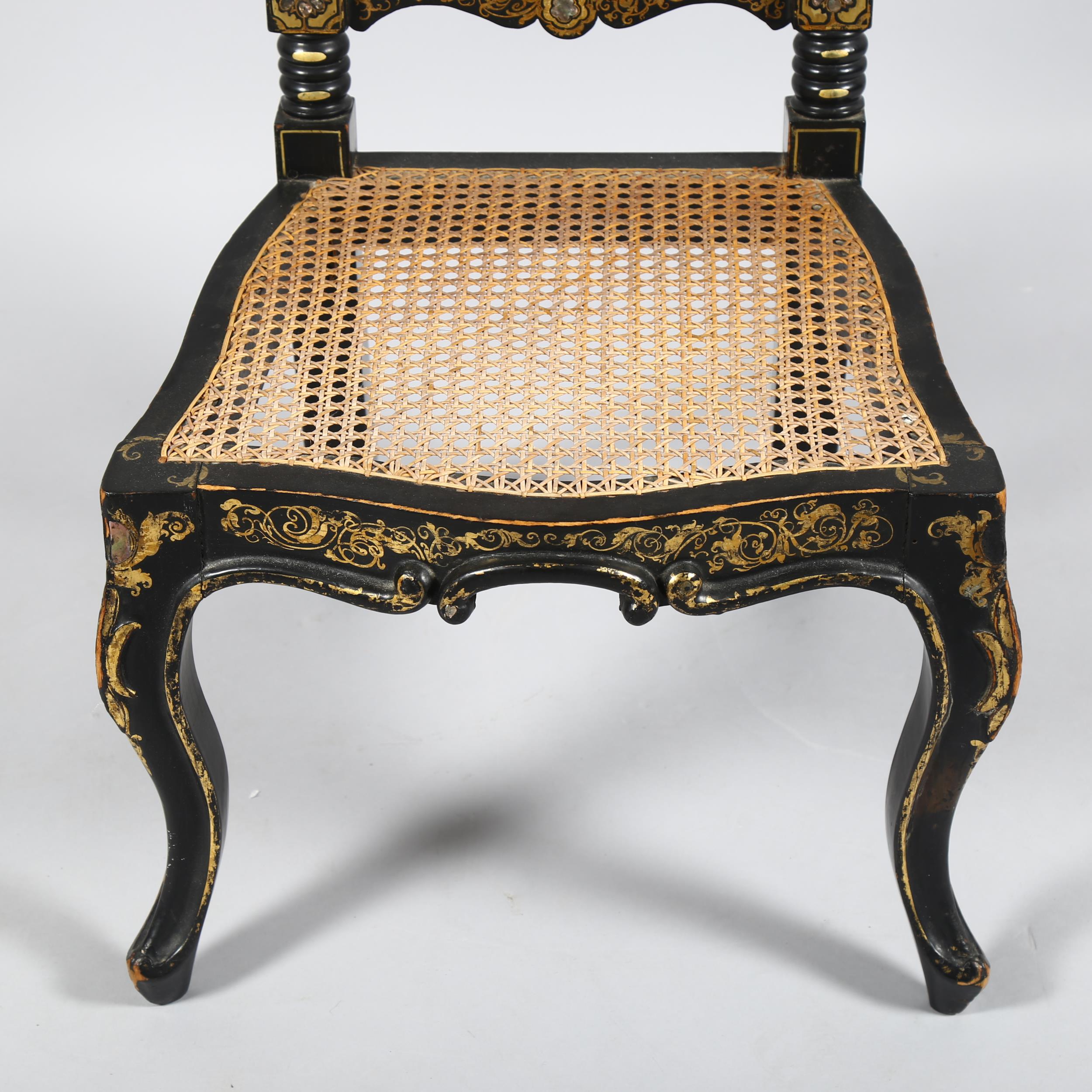 A Victorian papier mache ebonised and mother-of-pearl inlaid slipper side chair, with hand painted - Image 6 of 7