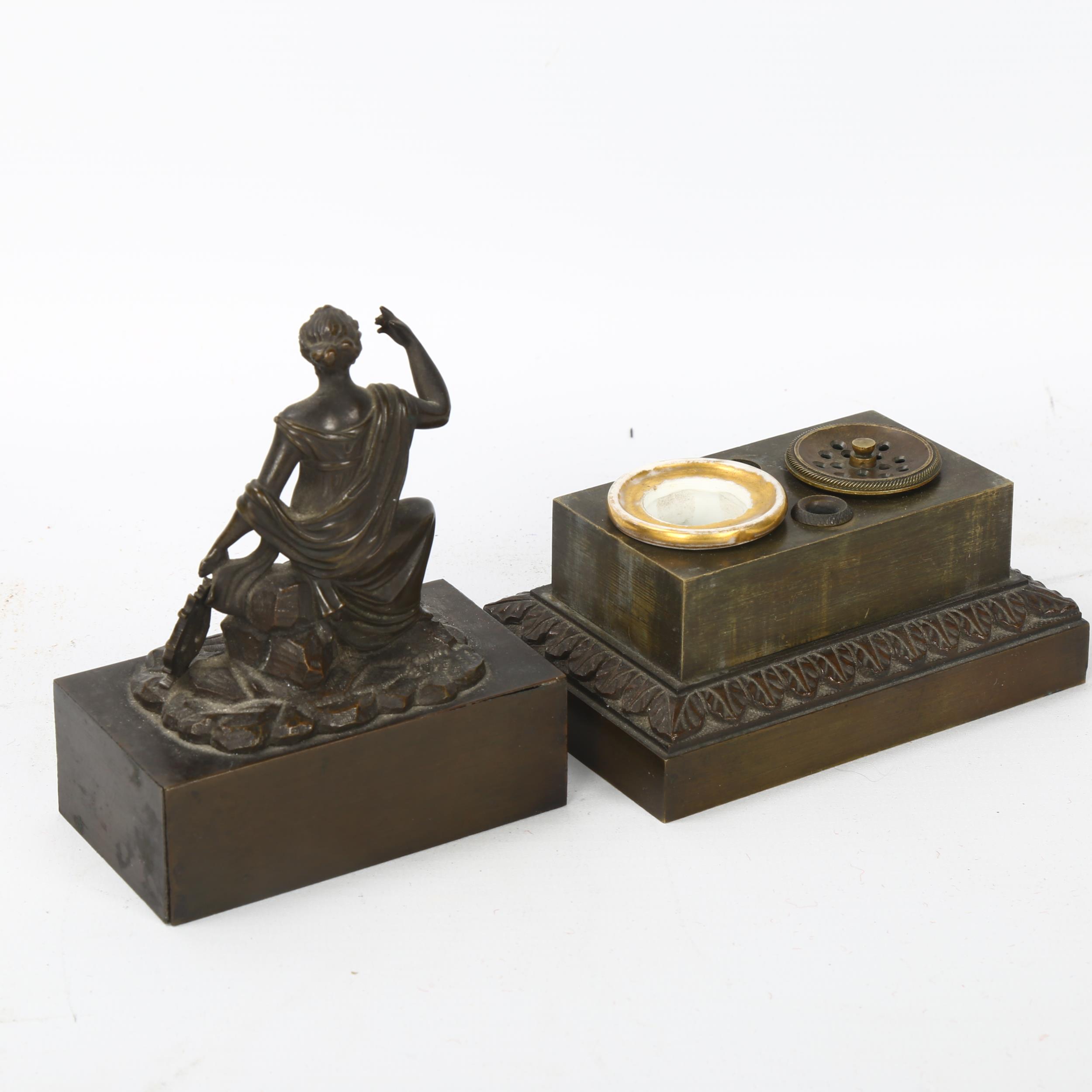 A 19th century patinated bronze figural desk companion, with Classical lady cover opening to - Image 2 of 5