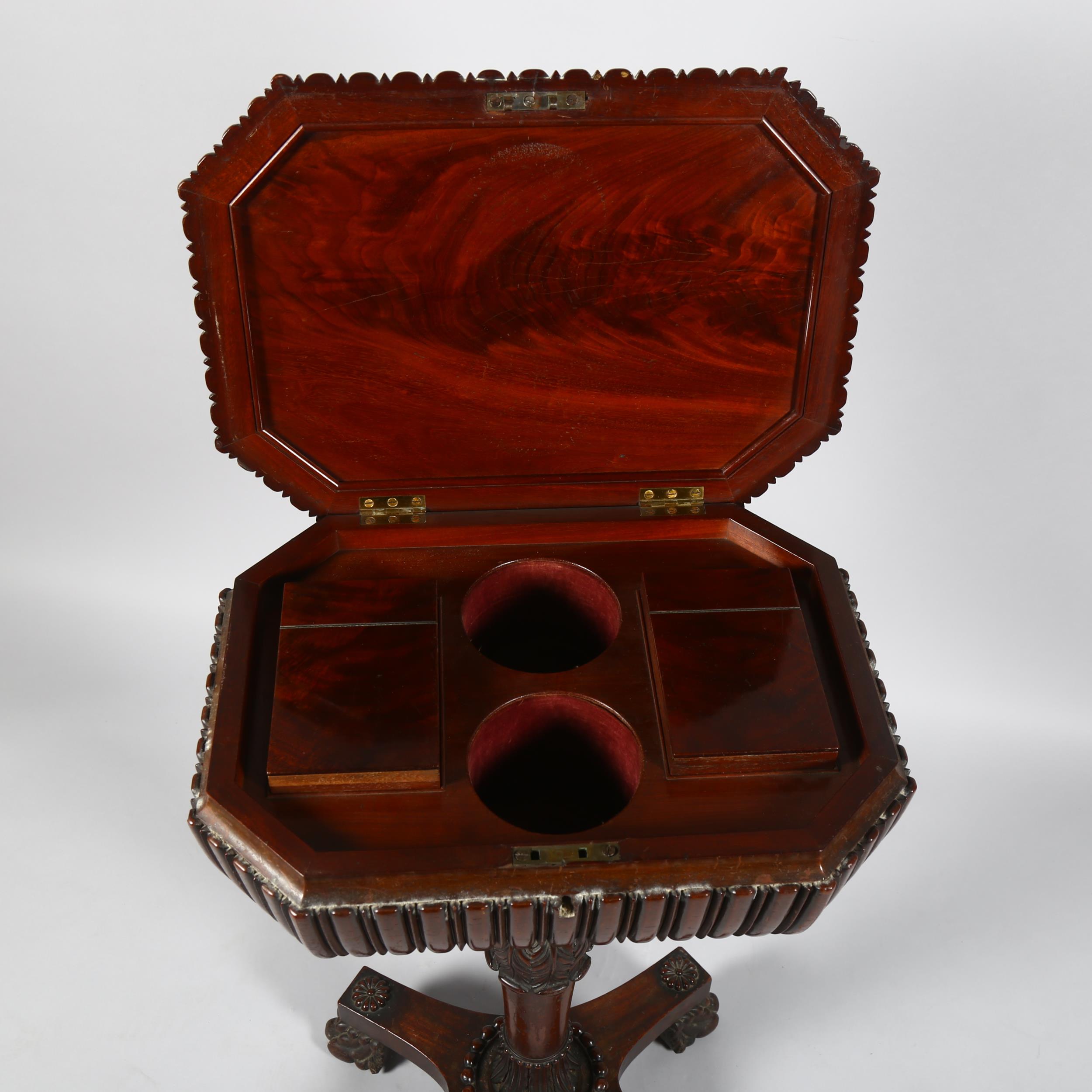 A William IV mahogany teapoy, on carved tulip centre column and lion paw feet, 47cm x 35cm, height - Image 3 of 6