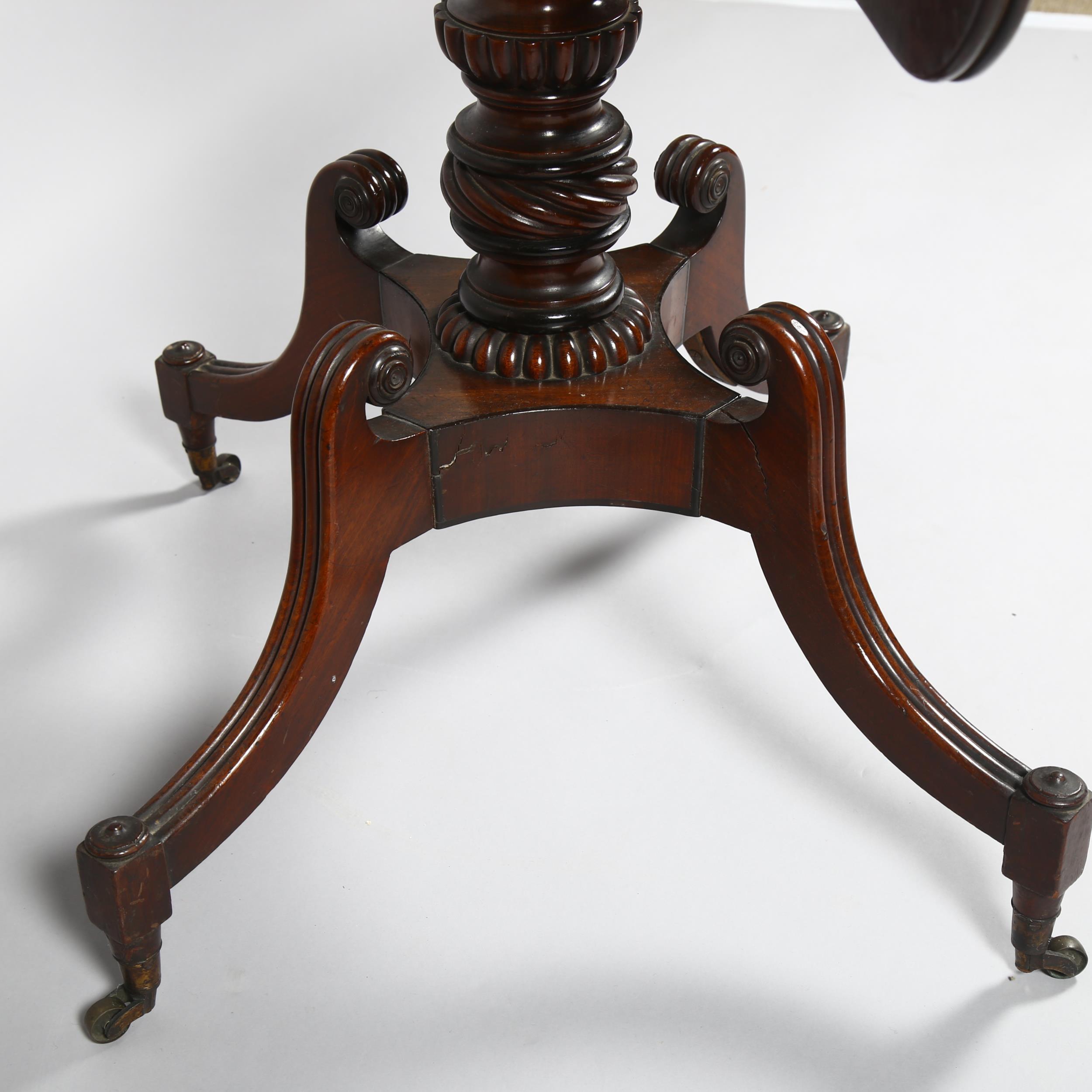 A Regency square mahogany tilt-top table, on carved quadruple base with brass casters, 74cm x 63cm - Image 3 of 5