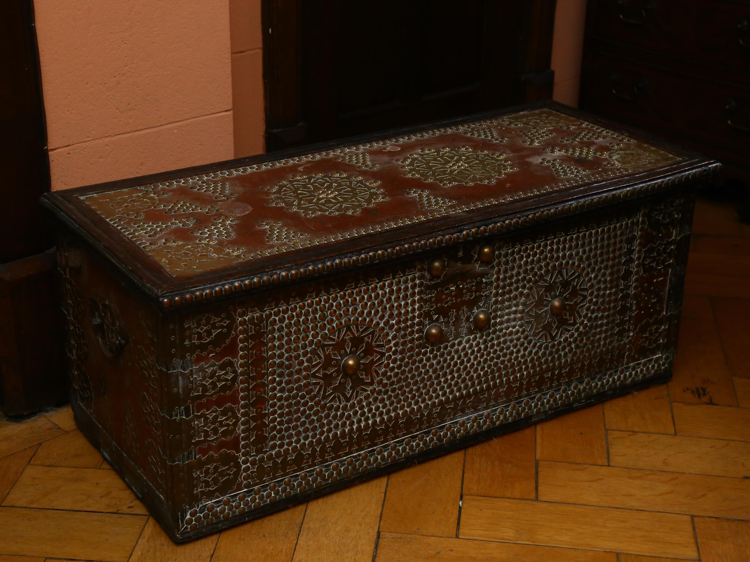 18th century Continental hardwood chest, with allover brass-studded decoration and applied pierced
