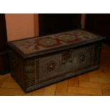 18th century Continental hardwood chest, with allover brass-studded decoration and applied pierced