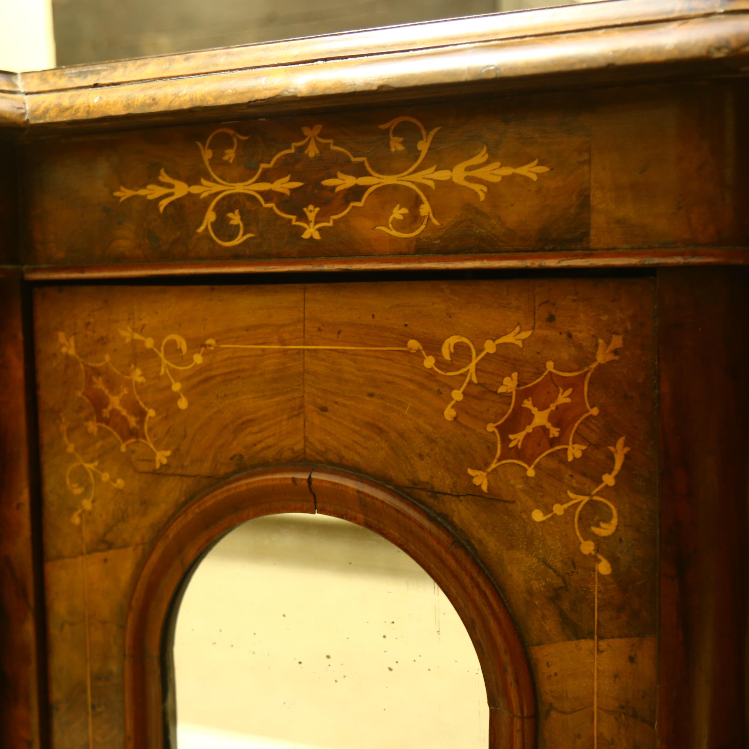 A Victorian burr-walnut break-front credenza, of small size, front having triple dome-top mirror - Image 9 of 9