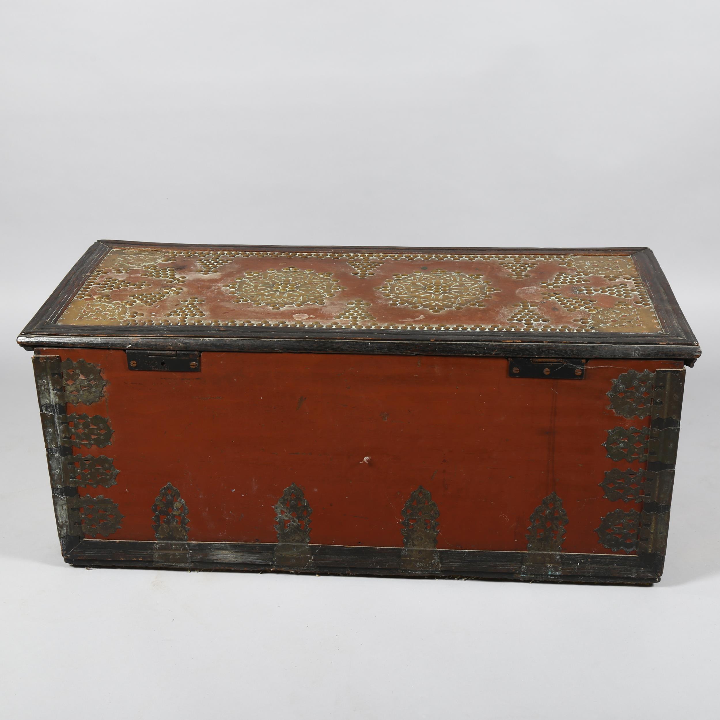 18th century Continental hardwood chest, with allover brass-studded decoration and applied pierced - Image 6 of 6