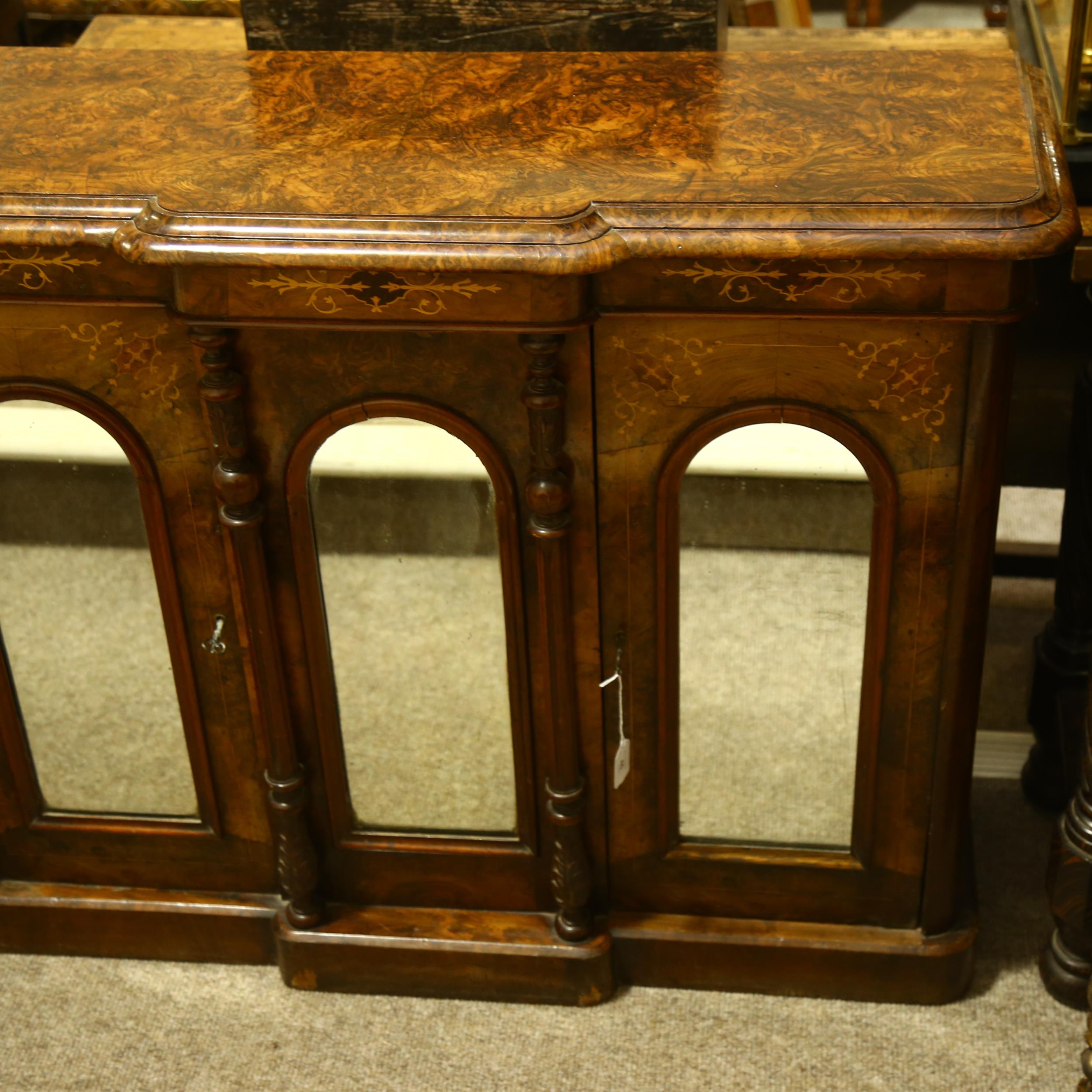 A Victorian burr-walnut break-front credenza, of small size, front having triple dome-top mirror - Image 6 of 9