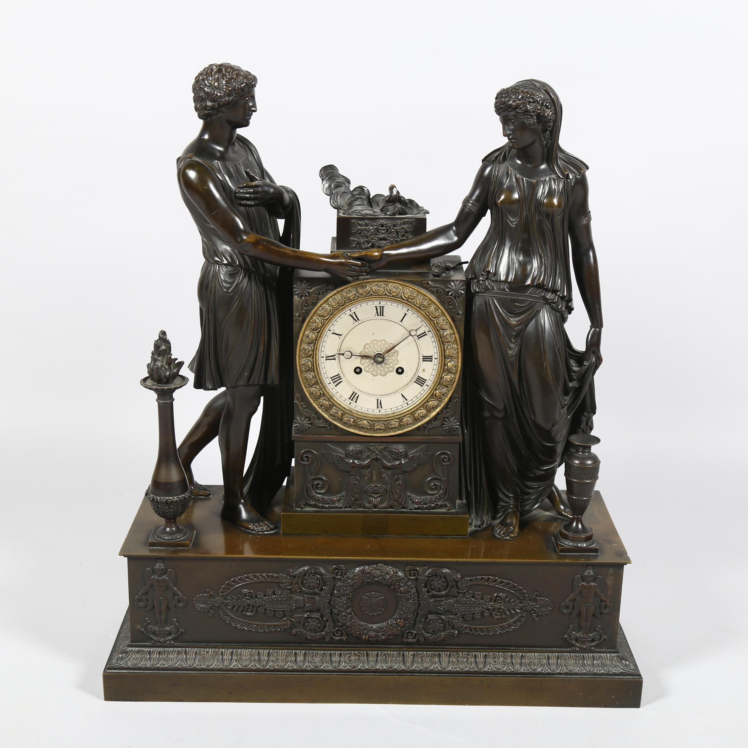 A 19th century French patinated bronze-cased 8-day mantel clock, surmounted by Classical temple - Image 2 of 6