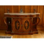 A French Napoleon III Empire style credenza, shaped serpentine form, walnut and kingwood, with