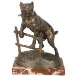 After C Valton, bronze patinated spelter figure of a dog jumping a gate, circa 1900, marble base,